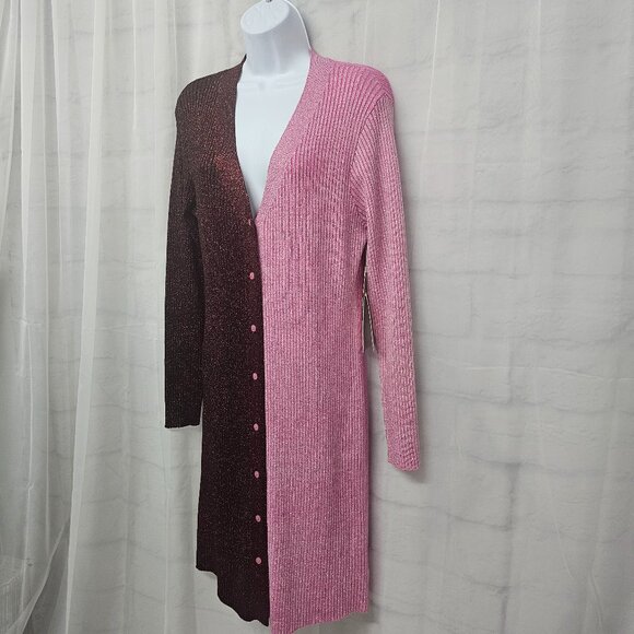 Cocobleu Cardigan Dress Pink Burgundy Metallic Ribbed Knit Colorblock L NWT - Picture 4 of 11